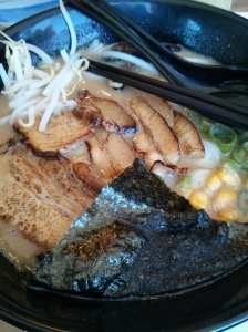Miso tonkotsu ramen with corn, char sou, bean sprouts, green onions, mushrooms, and nori